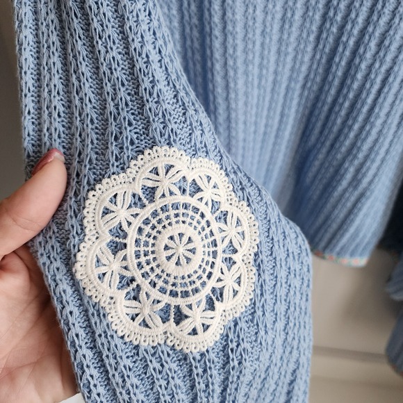 POL Lace Doily Patch Crochet Hooded Grannycore Cardigan RARE Sweater Blue Size S - Picture 8 of 11